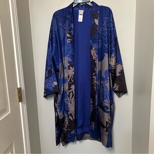Chicos Floral Printed Kimono Jacket Open Front Style Satin Cardigan L/XL EUC